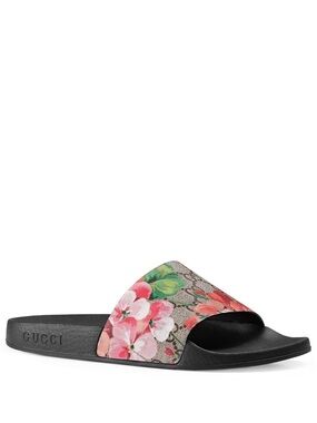 Gucci GG Blooms Supreme Slides Canvas Floral Slide Sandals - Pink, Green & Black